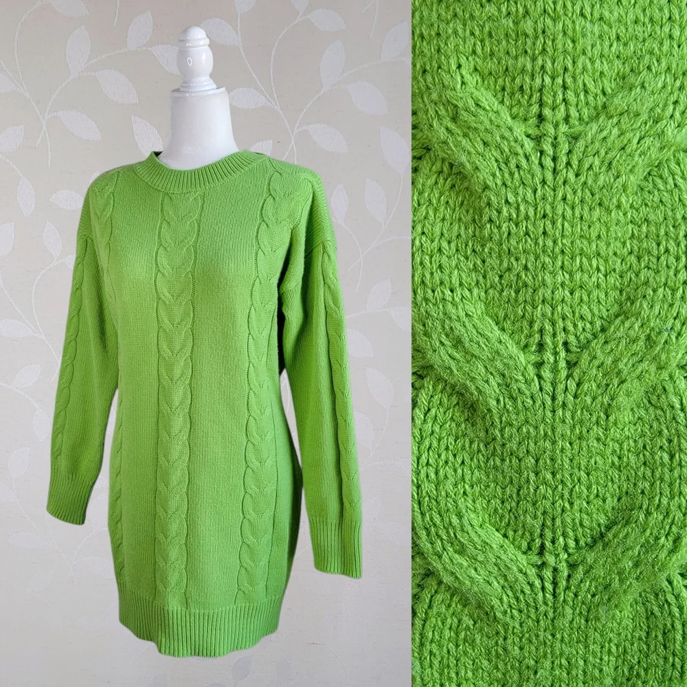 Lime Green Cable Knit Sweater Dress Crew Neck Long Sleeve Size M - Picture 9 of 9